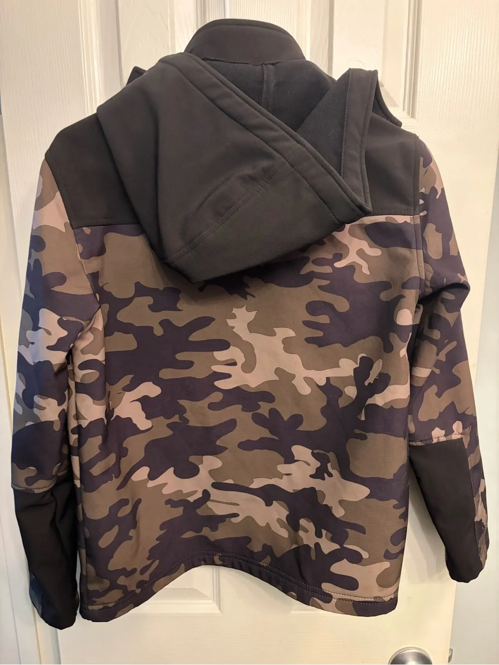 Snozu Boys' Camo Soft Shell Hooded Jacket with Lime Zipper Trim
